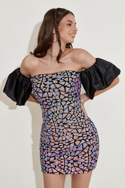 Blue Off the Shoulder Sequins Homecoming Dress with Puff Sleeves E202283066