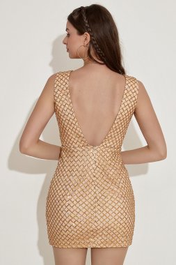 Golden Beaded V-Neck Cocktail Dress E202283618