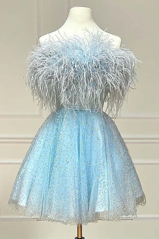 Black Strapless Cocktail Dress with Feathers E202283617