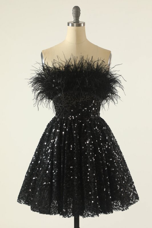 Black Strapless Cocktail Dress with Feathers E202283617