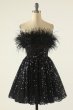 Black Strapless Cocktail Dress with Feathers E202283617