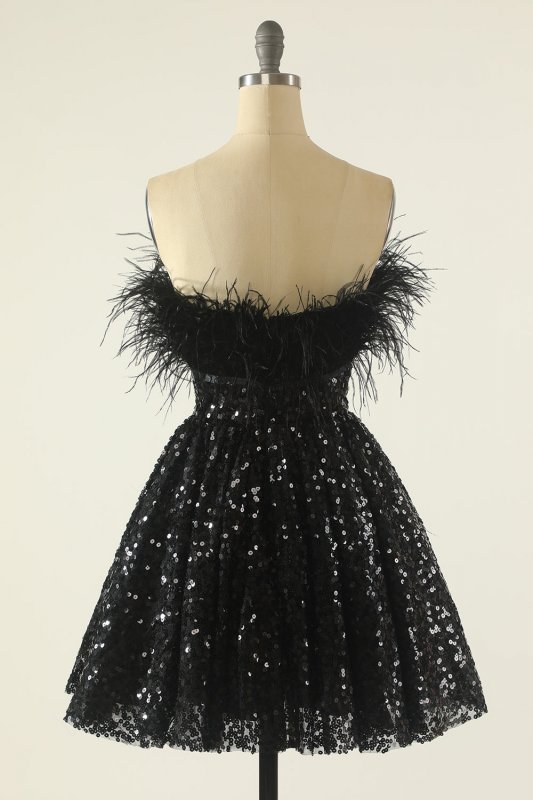 Black Strapless Cocktail Dress with Feathers E202283617