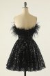 Black Strapless Cocktail Dress with Feathers E202283617