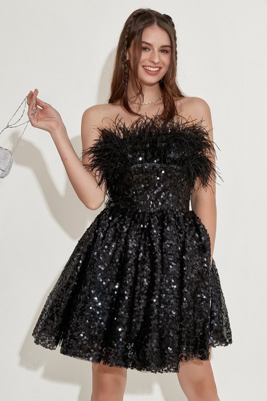 Black Strapless Cocktail Dress with Feathers E202283617