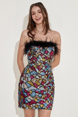 Colorful Strapless Cocktail Dress with Feathers E202283061