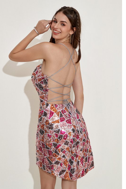 Colorful Spaghetti Straps Bodycon Cocktail Party Dress E202283063