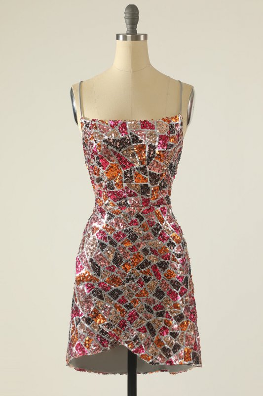 Colorful Spaghetti Straps Bodycon Cocktail Party Dress E202283063