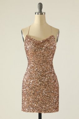 Sheath Spaghetti Straps Champagne Sequins Short Homecoming Dress E202283064