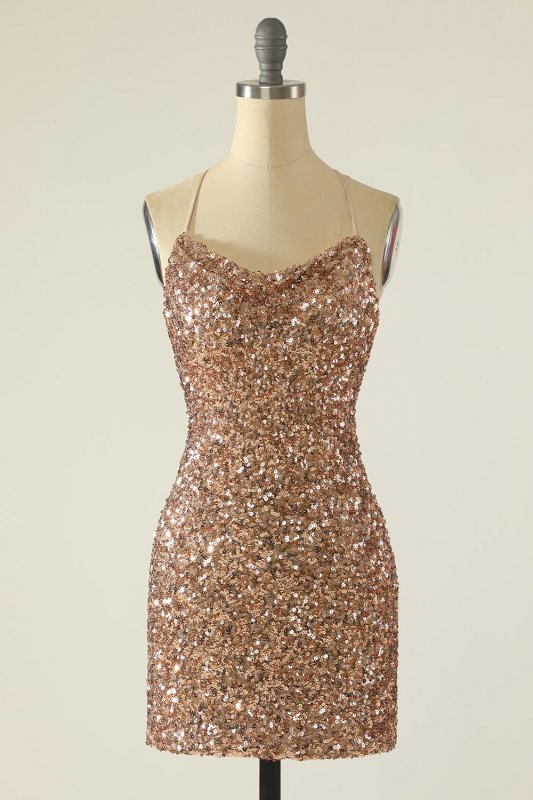 Sheath Spaghetti Straps Champagne Sequins Short Homecoming Dress E202283064