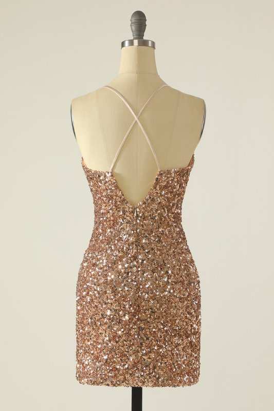 Sheath Spaghetti Straps Champagne Sequins Short Homecoming Dress E202283064