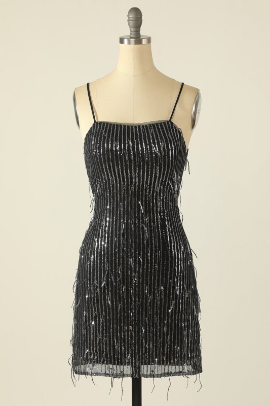 Sheath Spaghetti Straps Pink Sequins Short Homecoming Dress E202283614