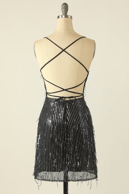 Sheath Spaghetti Straps Pink Sequins Short Homecoming Dress E202283614