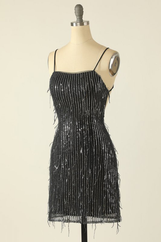 Sheath Spaghetti Straps Pink Sequins Short Homecoming Dress E202283614