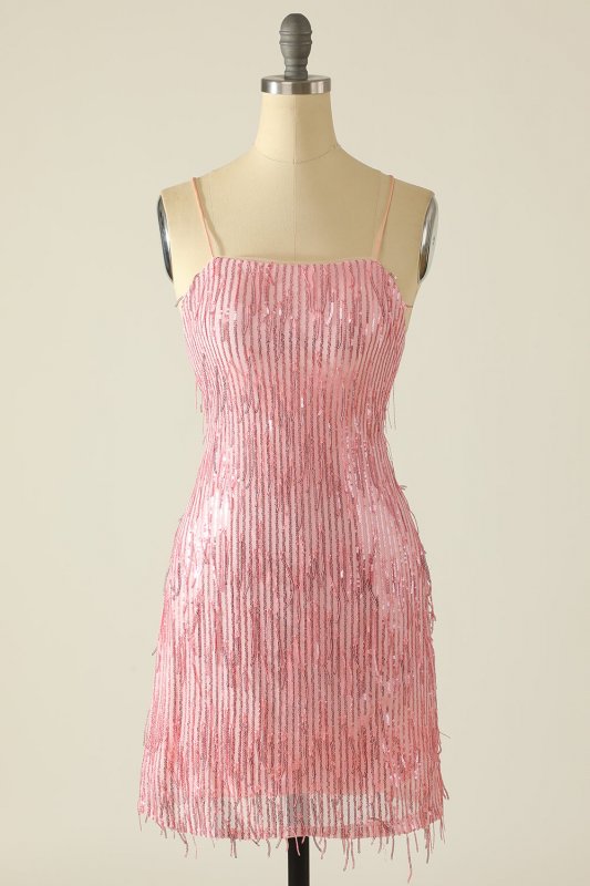 Sheath Spaghetti Straps Pink Sequins Short Homecoming Dress E202283614