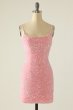 Sheath Spaghetti Straps Pink Sequins Short Homecoming Dress E202283615