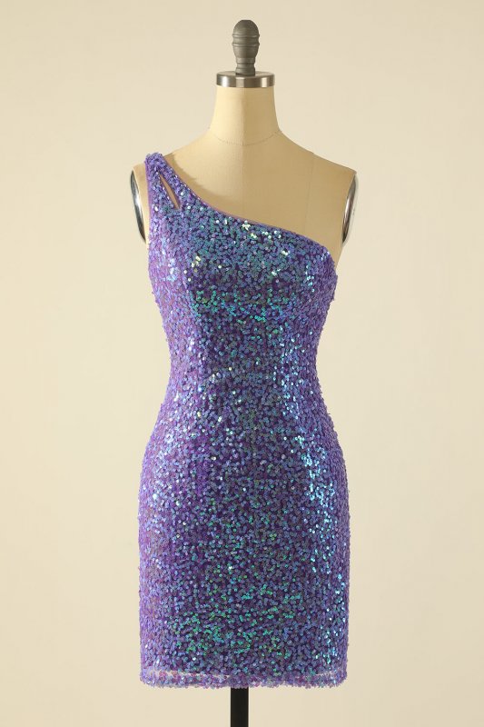 Sheath One Shoulder Dark Purple Sequins Short Homecoming Dress E202283041