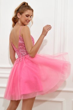 Fuchsia Spaghetti Straps A-Line Backless Short Homecoming Dress E202283059