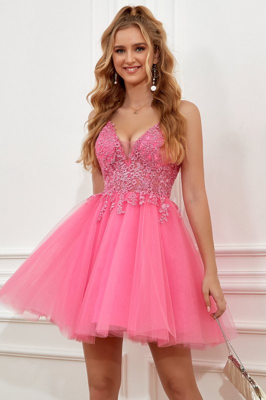 Fuchsia Spaghetti Straps A-Line Backless Short Homecoming Dress E202283059