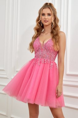 Fuchsia Spaghetti Straps A-Line Backless Short Homecoming Dress E202283059