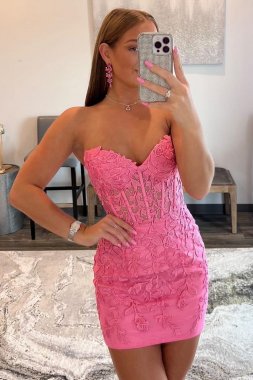 Pink Tight Short Homecoming Dress with Appliques E202283010