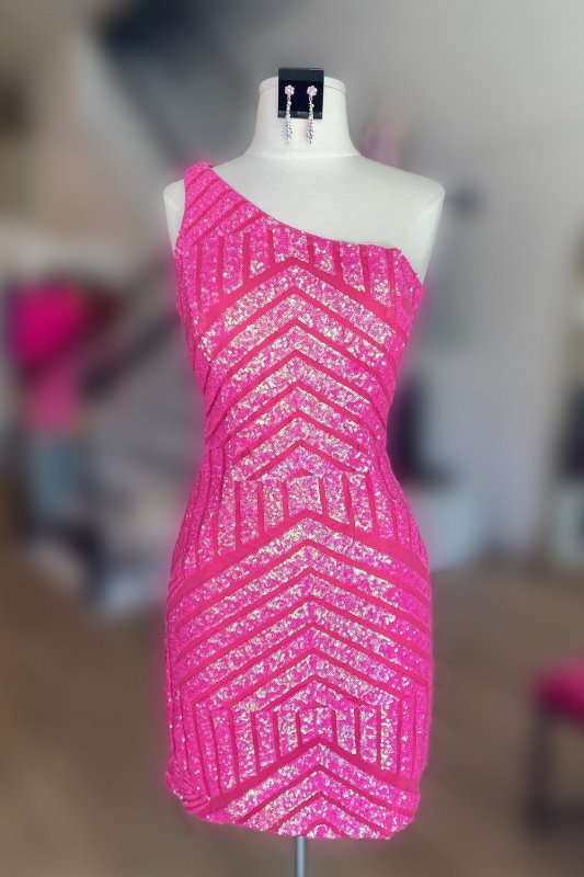 Fuchsia One Shoulder Sequins Tight Short Homecoming Dress E202283028