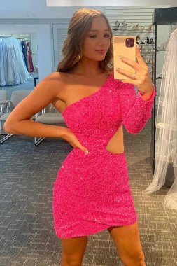 Fuchsia Waist Cut Out One Shoulder Tight Sequins Homecoming Dress with Sleeves E202283049