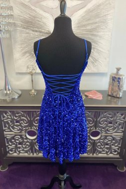 A Line Spaghetti Straps Royal Blue Sequins Short Homecoming Dress E202283452
