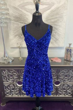 A Line Spaghetti Straps Royal Blue Sequins Short Homecoming Dress E202283452