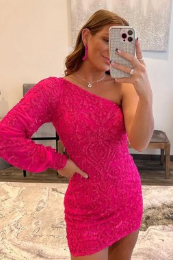 Hot Pink Beaded Sequins One Shoulder Tight Homecoming Dress E202283448