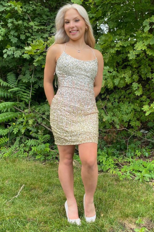 Sparkly Pink Spaghetti Straps Backless Sequins Tight Short Homecoming Dress E202283778