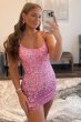 Sparkly Pink Spaghetti Straps Backless Sequins Tight Short Homecoming Dress E202283778
