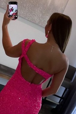 Hot Pink Open Back One Shoulder Tight Sequins Homecoming Dress E202283779