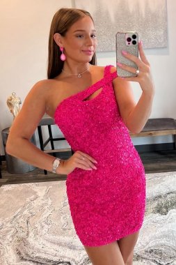 Hot Pink Open Back One Shoulder Tight Sequins Homecoming Dress E202283779