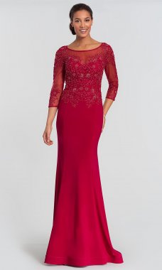 Embroidered-Bodice Garnet Red Long MOB Dress AL-27257