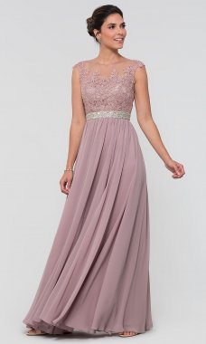 Embroidered-Bodice Chiffon Long MOB Dress in Taupe DQ-9400-v