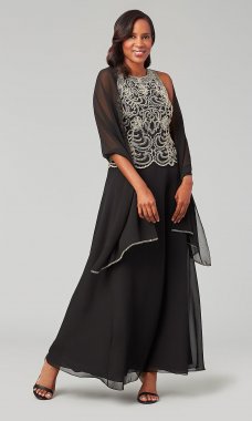 Beaded-Bodice Long Black MOB Dress with Chiffon Shawl JKA-2197