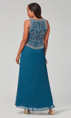 Beaded-Popover Long Teal MOB Dress with Shawl JKA-2618
