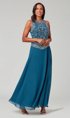 Beaded-Popover Long Teal MOB Dress with Shawl JKA-2618