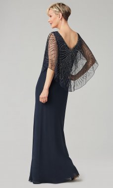Long Formal Navy MOB Dress with Beaded Capelet JKA-4952
