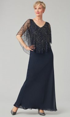Long Formal Navy MOB Dress with Beaded Capelet JKA-4952