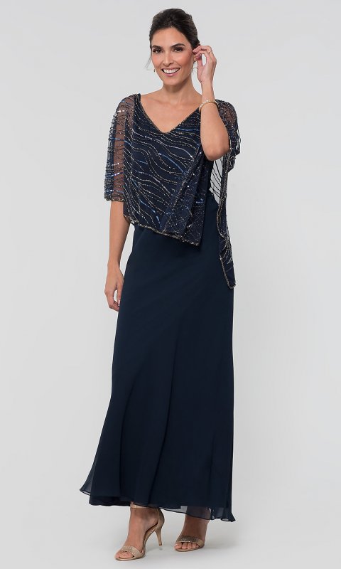 Mother-of-the-Bride Long Dress with Attached Cape JKA-5019