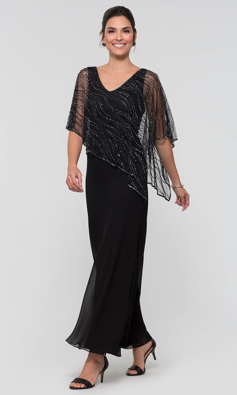 Mother-of-the-Bride Long Dress with Attached Cape JKA-5019