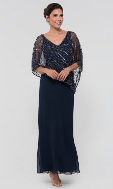 Mother-of-the-Bride Long Dress with Attached Cape JKA-5019