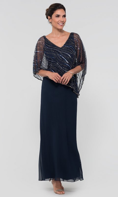 Mother-of-the-Bride Long Dress with Attached Cape JKA-5019