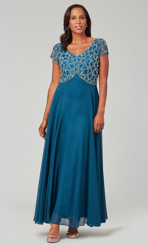 Long Blue Mother-of-the-Bride Dress with Beaded Bodice JKA-5186