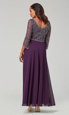 Long Beaded-Bodice Chiffon MOB Dress with Sleeves JKA-5206