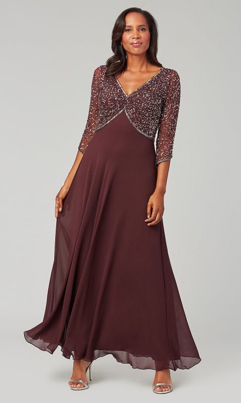 Long Beaded-Bodice Chiffon MOB Dress with Sleeves JKA-5206