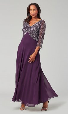 Long Beaded-Bodice Chiffon MOB Dress with Sleeves JKA-5206