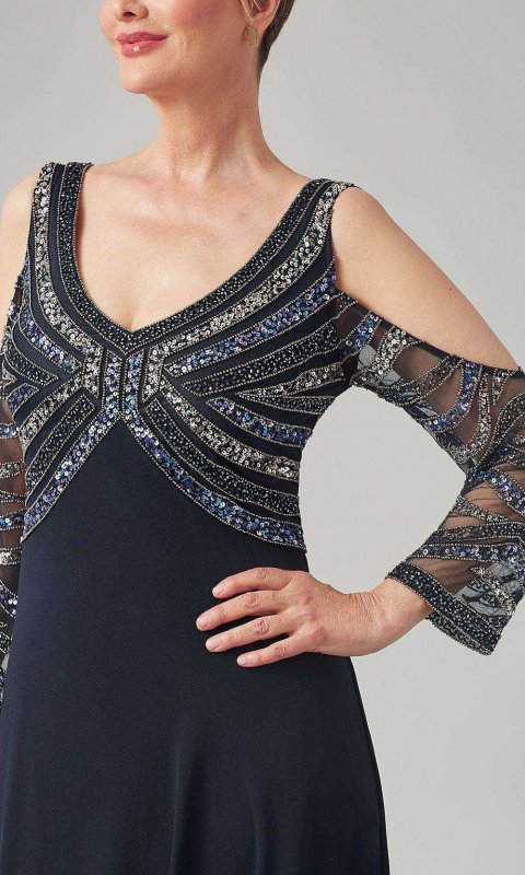 Cold-Shoulder Beaded-Bodice Long MOB Dress JKA-5278
