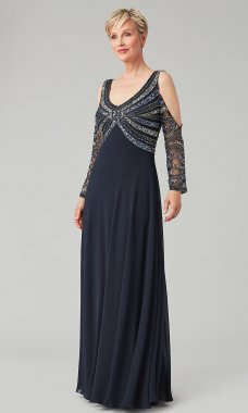 Cold-Shoulder Beaded-Bodice Long MOB Dress JKA-5278